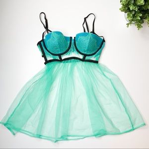 Victoria’s Secret Teal Blue & Black Ballerina Lingerie Babydoll Lace 34C